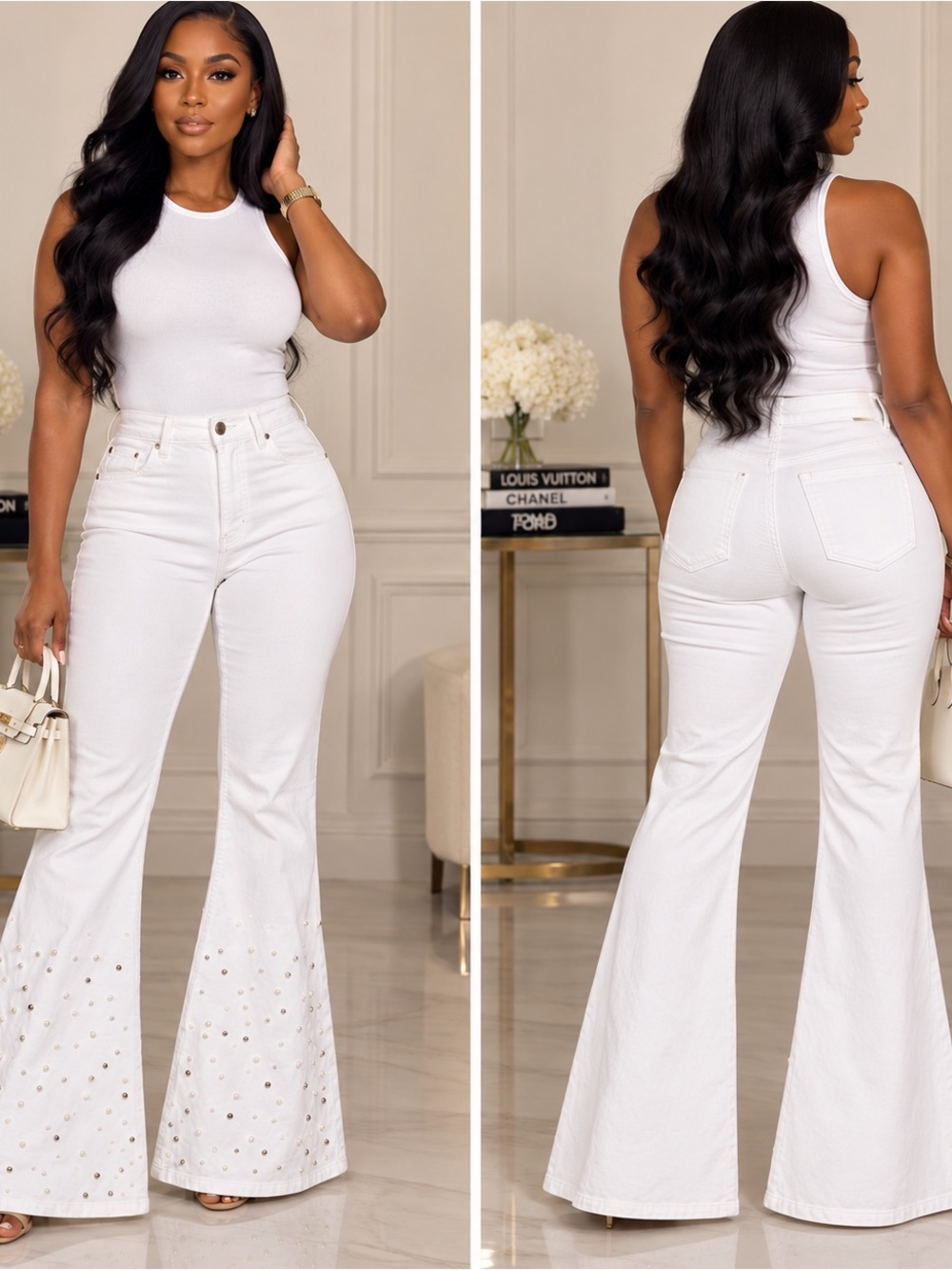 Ashley Stewart White Flared Jeans- Jewels & Pearls, SIZE 14, BRAND NEW